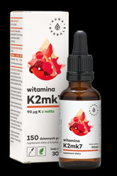 Aura Herbals Vitamin K2 supplement bottle, 30 ml, promotes bone health and supports blood coagulation.